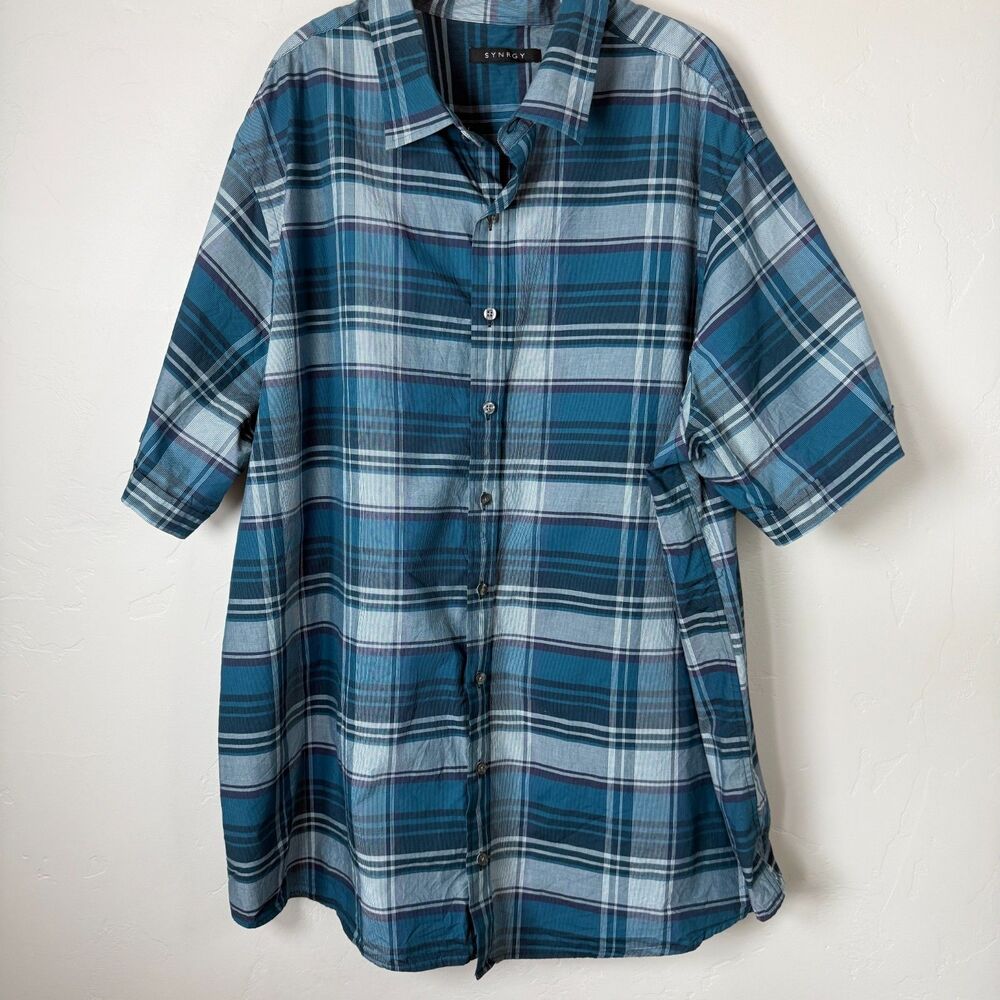 SYNRGY Men's 3X Big Button Up Shirt Teal Blue Plaid Short Sleeve Casual DXL